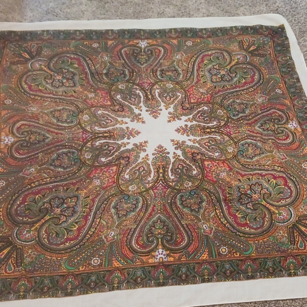 Vintage Scarf 1960’s Japan 48”*48" Green Gold Red Paisley